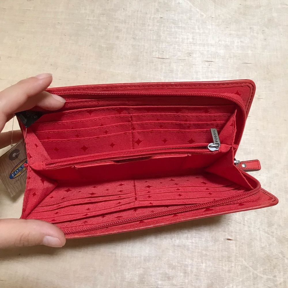 Fossil Hunter Zip Clutch Tomato Wallet Red Leather - Picture 2 of 7